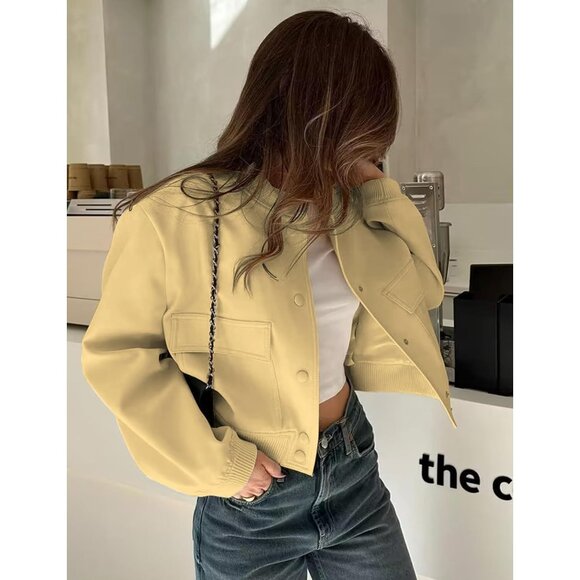 Women Yellow Cropped Bomber Jacket Button Down Varsity Shacket with Pockets - Picture 2 of 6